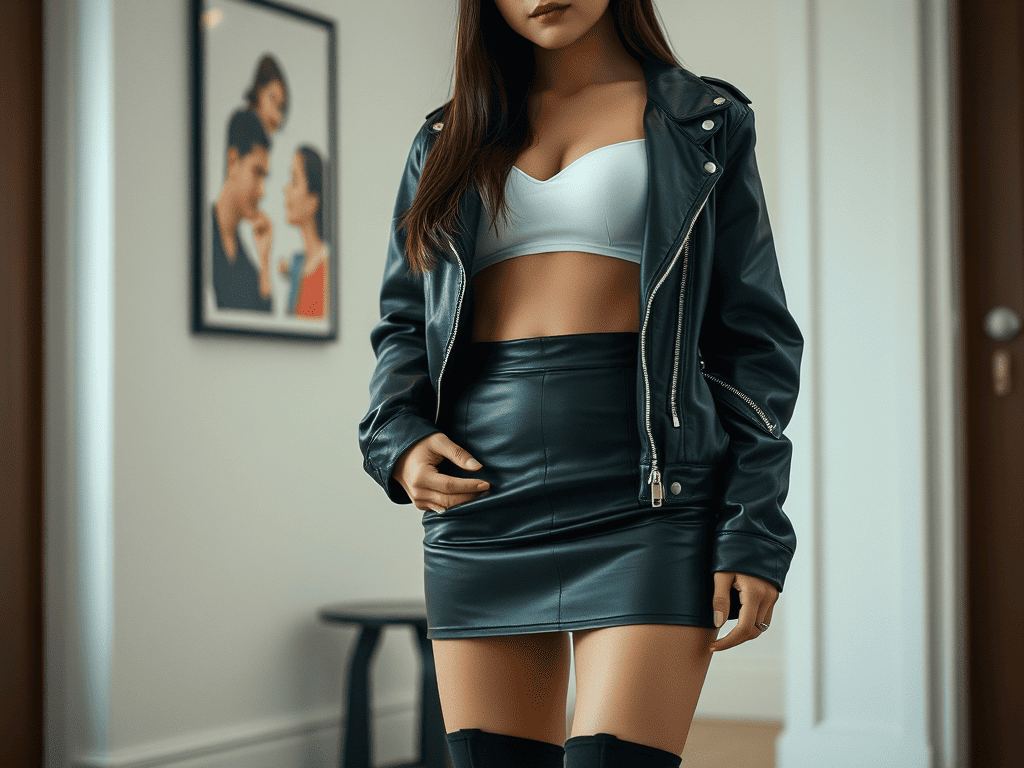 一位穿著黑皮裙黑靴子及黑色皮外套內搭白色小可愛稍微遮到肚臍露出乳溝與胸部明顯大的亞洲女孩在房間近拍